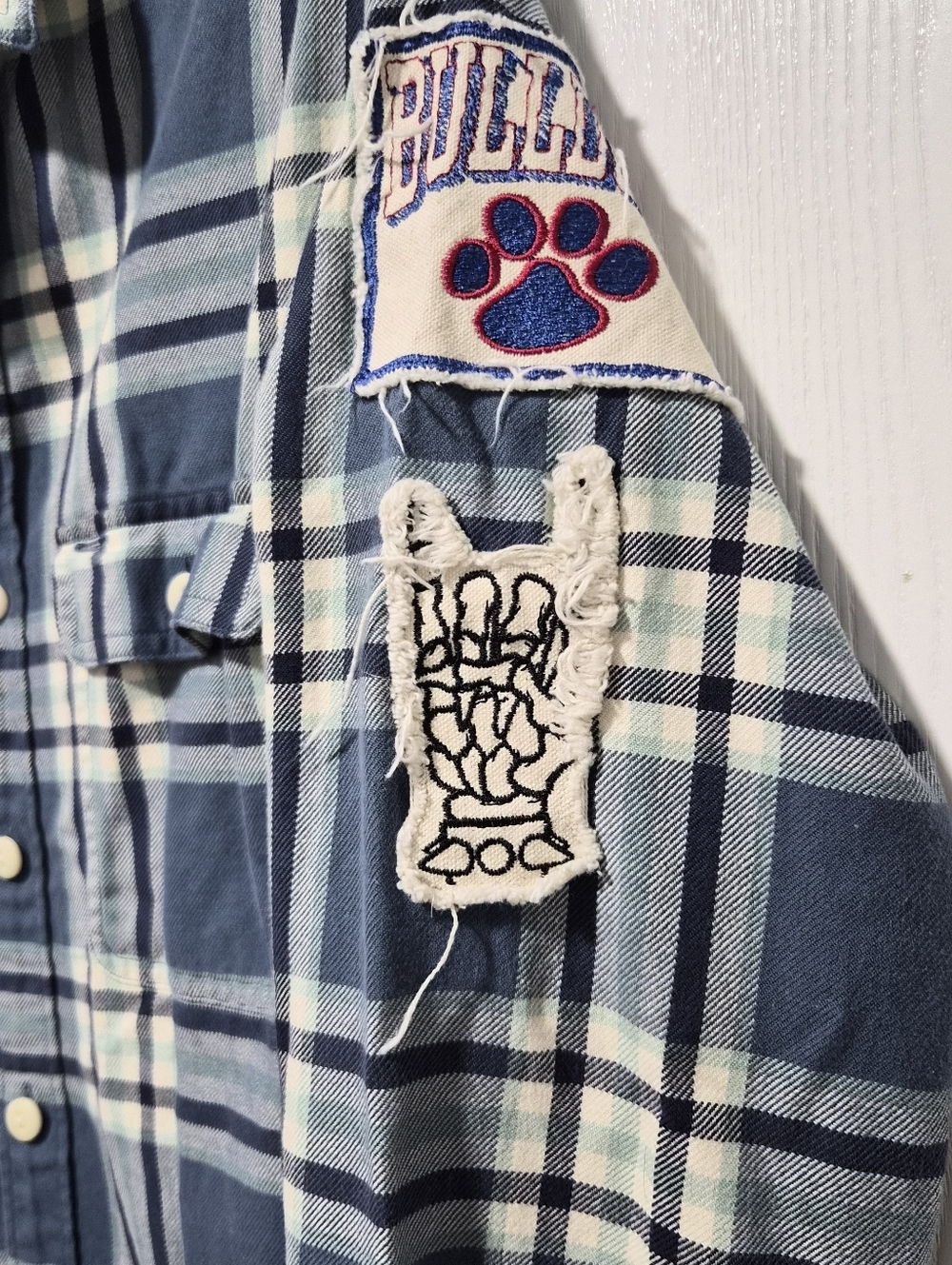 Upcycled Unisex Rolling Stones Flannel Blue Plaid Button Down Shirt - Picture 5 of 8